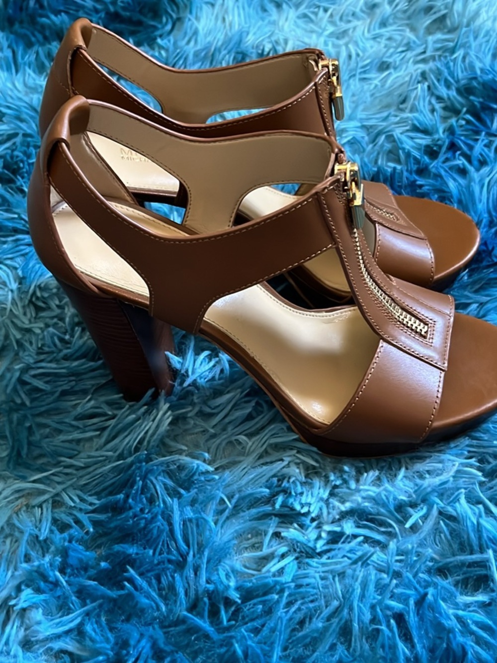 Michael Kors Brown Leather High Heel Sandals with Front Zip Accent